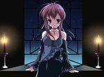  arms_at_sides artist_request bare_shoulders black_eyes brown_hair candle candlelight candlestand chikage_(sister_princess) choker cross dark frilled_cuffs night night_sky sidelocks sister_princess sitting sky solo window 