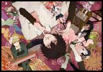  3girls black_hair blonde_hair cherry_blossoms desk doll finger_to_mouth flower fox_mask grin hands index_finger_raised kiben_gakuha_yotsuya-senpai_no_kaidan komachi-sensei kudou_tadanobu mask messy_hair multiple_boys multiple_girls nakashima_makoto necktie patterned peeking_out rinnagi sandals school_uniform scythe serafuku shaded_face shinamo-sensei short_hair shushing silhouette sitting smile socks umbrella yayoi_hinano yellow_eyes yotsuya_buntarou 