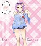  adapted_costume bare_shoulders blush contemporary embarrassed eyeball frills hairband heart komeiji_satori plaid plaid_background purple_hair red_eyes short_hair short_shorts shorts solo spoken_blush third_eye touhou white-aster 