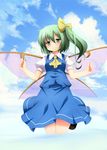 ascot ayase_midori blue_sky blush bow cloud daiyousei day fairy_wings green_eyes green_hair hair_bow jumping side_ponytail skirt sky smile solo touhou wings 