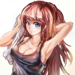  armpits blue_eyes blush breasts cleavage large_breasts long_hair original red_hair sideboob simple_background smile solo suoni_(deeperocean) sweat tank_top towel upper_body 