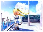  :o ass bangs black_ribbon blonde_hair blue_sky blurry blush closed_eyes cloud day depth_of_field fate_testarossa floating_hair full_body hair_ribbon height_difference horizon hug kneehighs lamppost loafers long_hair long_skirt long_sleeves lyrical_nanoha mahou_shoujo_lyrical_nanoha multiple_girls ocean open_mouth orange_hair outdoors parted_bangs petals pink_ribbon railing red_footwear ribbon school_uniform seishou_elementary_school_uniform serafuku shino_(eefy) shoes skirt sky spring_(season) standing takamachi_nanoha two_side_up very_long_hair wallpaper water white_legwear white_skirt wind 