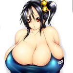  bell black_eyes breasts female gradient gradient_background hair_intakes hair_ornament highres huge_breasts one-piece_swimsuit one_piece_swimsuit original red_eyes short_hair side_ponytail simple_background solo swimsuit tsukasawa_takamatsu tsukazawa upper_body white_background 