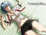  ayanami_rei blue_hair casual fukurou lying midriff navel neon_genesis_evangelion red_eyes short_hair solo wallpaper 