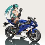  39 abs alternate_costume bang-you bodysuit breasts center_opening company_connection dressing gloves green_hair ground_vehicle hatsune_miku hatsune_miku_(append) highres long_hair medium_breasts motor_vehicle motorcycle on_motorcycle smile solo twintails vocaloid vocaloid_append yamaha 