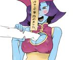  1girl arm_grab assertive between_breasts blue_skin blush_stickers breast_grab breasts brown_eyes chinese_clothes cleavage cleavage_cutout expressive_clothes flipped_hair grabbing guided_breast_grab hat hetero jiangshi kusada large_breasts lei_lei nail_polish ofuda open_mouth purple_hair short_hair solo_focus sweat translated vampire_(game) 