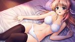  aiyoku_no_eustia bed bekkankou blush bra brown_hair fione_silvaria game_cg panties thighhighs underwear 