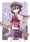  :o beret chinese_clothes fighting_stance graveyard grey_hair hat hitodama jiangshi jpeg_artifacts midriff miyako_yoshika navel ofuda open_mouth purple_eyes short_hair simple_background skirt solo sotoba star sukocchi touhou translated v-shaped_eyebrows 