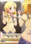  :3 alternate_hairstyle bathroom blonde_hair blush bun150 cameo curling_iron hair_down hairdressing highres kyubey long_hair mahou_shoujo_madoka_magica mirror mouth_hold official_style reflection school_uniform shirt sink smile solo taut_clothes taut_shirt tomoe_mami yellow_eyes 