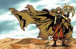  absurdres brown_eyes brown_hair clamp coat desert highres holding holding_weapon looking_at_viewer male_focus solo staff tsubasa_chronicle weapon xiaolang 