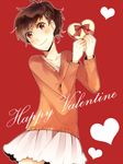  bad_id bad_pixiv_id brown_hair casual female_protagonist_(persona_3) mentaishi persona persona_3 persona_3_portable red_eyes smile solo valentine 