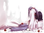  1girl arm_at_side arm_guards back bad_id bad_pixiv_id black_hair blood camellia couple cuts flower hair_ornament hakama hetero himura_kenshin holding holding_knife injury japanese_clothes kimono knife lap_pillow long_hair long_sleeves lying no_shoes obi on_back red_flower red_hair rurouni_kenshin sabachon sash scar seiza sitting snow spoilers tabi wide_sleeves yukishiro_tomoe 