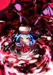  absurdres bad_id bad_pixiv_id bat_wings blue_hair brooch chain dress glowing hat hat_ribbon highres jewelry momiji_oroshi red_eyes remilia_scarlet ribbon short_hair solo touhou wings 