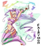  arai_nobu boots breasts cleavage digimon digimon_frontier facial_mark fairy_wings fairymon gloves long_hair medium_breasts midriff navel open_mouth purple_hair simple_background text_focus thigh_boots thighhighs very_long_hair visor wings 