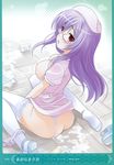  absurdres aona_masao ass breasts copyright_request garter_straps glasses hat highres lace lace-trimmed_thighhighs medium_breasts nipples no_bra nurse nurse_cap panties panties_around_one_leg purple_hair red_eyes shoes single_shoe sitting solo spill thighhighs underwear wariza white_legwear white_panties 