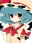  :&gt; ascot bad_id bad_pixiv_id bat_wings blue_hair bow brooch haru_(kyou) hat heart jewelry red_eyes remilia_scarlet short_hair smile solo touhou upper_body wings wrist_cuffs 