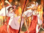  blonde brown_hair dual_wield fire glaive hair_ribbon long_hair miko ponytail swords tagme tattoo 