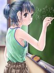  blue_hair chalk chalkboard math nipple_slip ponytail red_eyes school tagme 