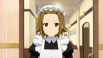  animated animated_gif apron brown_eyes brown_hair facial_expressions hallway k-on! lowres maid maid_apron maid_cap maid_uniform short_hair tainaka_ritsu yellow_headband 