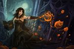 bat black_hair book cat dark dress halloween long_hair magic md5_mismatch orange_eyes original pumpkin sandara solo witch 