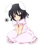  :t angry animal_ears annoyed black_hair blush bunny_ears bunny_tail carrot dress highres inaba_tewi jewelry pendant pink_dress pout red_eyes short_hair simple_background sitting solo squiggle tail touhou v_arms yami_nabe 