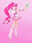  boots bow brooch cure_blossom dress earrings flower flower_tact full_body hair_flower hair_ornament hair_ribbon halftone halftone_background hanasaki_tsubomi happy heart heartcatch_precure! high_heels jewelry knee_boots long_hair magical_girl pink pink_background pink_bow pink_eyes pink_hair ponytail precure ribbon shoes solo tana_(cure-aqua) wand wrist_cuffs 