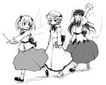  blush book bow drill_hair fairy_wings greyscale hair_ribbon hat holding long_hair luna_child mary_janes monochrome multiple_girls pointing ribbon shoes short_hair slippers socks star_sapphire stretch sunny_milk takatsuki_tsukasa touhou twintails walking wings 