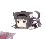  :3 akemi_homura all_fours animal_ears bad_id bad_pixiv_id black_hair blush cat_ears cat_tail chibi dot_nose drooling hairband kemonomimi_mode kyubey long_hair magical_girl mahou_shoujo_madoka_magica only_norisu panties pink_panties purple_eyes shadow solo tail taunting transparent_background underwear 