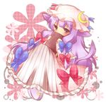  bad_id bad_pixiv_id blush book bow covering_mouth crescent dress flower hair_bow hat kureha_goya long_hair patchouli_knowledge pink_dress purple_eyes purple_hair sitting solo touhou 