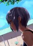  a-ka blue_eyes endless_eight expressionless face grey_hair nagato_yuki profile shade short_hair solo suzumiya_haruhi_no_yuuutsu swimsuit tree_shade 