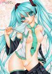  aqua_eyes aqua_hair breasts detached_sleeves hatsune_miku head_tilt long_hair marker_(medium) medium_breasts mocomoco_party mouth_hold necktie nipples no_bra open_clothes open_shirt panties pastel_(medium) pussy shirt skirt solo striped striped_panties thighhighs traditional_media twintails uncensored underwear very_long_hair vocaloid 