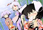  &gt;_&lt; :d alternate_costume animal_ears bamboo black_hair blush blush_stickers bowl bunny_ears chopsticks closed_eyes dutch_angle eating floral_print food grill inaba_tewi japanese_clothes kimono lavender_hair long_hair looking_back mochi multiple_girls no_nose open_mouth paji red_eyes reisen reisen_udongein_inaba shichirin short_hair smile touhou wagashi |_| 