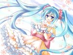 aqua_eyes aqua_hair bad_id bad_pixiv_id bare_shoulders dress frills fuupu hands_clasped hatsune_miku long_hair open_mouth own_hands_together sky solo twintails very_long_hair vocaloid 