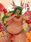  1girl belly bouncing_breasts breasts chubby curvy dancer dancing dark_skin futaba_channel glasses green_hair happy highres hips horns huge_breasts jewelry long_hair looking_at_viewer lots_of_jewelry nandi navel nijiura_maids open_mouth plump solo sweat thick_thighs thighs u-ma wide_hips yuuki_yuma yuumano_yuuki 
