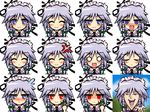  ^_^ angry bad_id bad_pixiv_id banned_artist between_fingers blue_eyes blush braid closed_eyes crossover expressions faceset gakuen_handsome izayoi_sakuya kisaragi_zwei knife maid maid_headdress mitsurugi_sakuya_(gakuen_handsome) namesake open_mouth parody red_eyes short_hair silver_hair smile solo touhou twin_braids 
