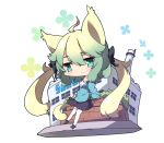  1girl ahoge animal_ears atalanta_(fate) bangs black_bow black_footwear black_skirt blonde_hair blue_jacket blush boots bow building cat_ears chibi closed_mouth commentary_request eyebrows_visible_through_hair fate/apocrypha fate_(series) gradient_hair green_eyes green_hair hair_between_eyes hair_bow jacket long_hair long_sleeves milkpanda multicolored_hair puffy_long_sleeves puffy_sleeves shirt skirt smile solo thighhighs thighhighs_under_boots very_long_hair white_background white_legwear white_shirt window 