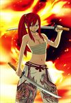  bandage big_breasts cleavage dual_wielding erza_scarlet fairy_tail flames large_breasts midriff pony_tail red_hair sarashi solo sword tattoo 