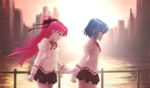  blue_eyes blue_hair bow building dancho_(danch) hair_bow highres long_hair mahou_shoujo_madoka_magica miki_sayaka multiple_girls ponytail red_eyes red_hair sad sakura_kyouko school_uniform short_hair skirt sleeve_tug smile sunset 