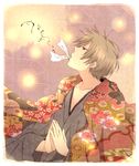  brown_hair haori hexagon japanese_clothes kimono looking_up male_focus mouth_hold natsume_takashi natsume_yuujinchou ofuda pocky1202 solo 