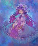  acrylic_paint_(medium) ama-tou blush capelet crescent frills gathers hair_ribbon hat long_hair patchouli_knowledge purple_eyes purple_hair ribbon robe sitting smile solo star striped touhou traditional_media 