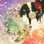  black_hair flower hair_flower headphones kimono orange_eyes plant ponytail profile rose side sunflower tree wa34752 wafuku 