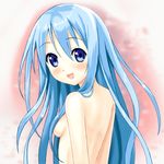  back blue_eyes blue_hair blush breasts hair_censor hair_over_breasts happy long_hair nude original setona_(daice) solo 