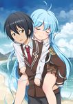  1girl absurdres ahoge antenna_hair bare_legs black_hair blue_eyes blue_hair blush carrying closed_eyes crossover denpa_onna_to_seishun_otoko fengmu hidan_no_aria highres long_hair necktie piggyback school_uniform short_hair sleeping smile tooyama_kinji touwa_erio very_long_hair water 