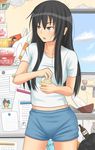  black_hair bottle can crack cup_ramen faucet grey_eyes itoshiki_nozomu kitsu_tane long_hair photo_(object) pinkwaters sayonara_zetsubou_sensei shirt short_shorts shorts solo t-shirt trash white_shirt 