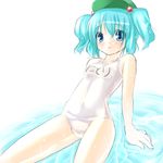  blue_hair hair_bobbles hair_ornament hat hiraga_matsuri kawashiro_nitori name_tag one-piece_swimsuit school_swimsuit short_hair solo swimsuit touhou two_side_up white_school_swimsuit white_swimsuit 