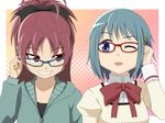  ;p adjusting_eyewear bad_id bad_pixiv_id bespectacled blue_eyes blue_hair bow fangs glasses grin hair_bow long_hair mahou_shoujo_madoka_magica miki_sayaka multiple_girls one_eye_closed red-framed_eyewear red_eyes red_hair sakura_kyouko school_uniform shishamo_(scholacco) short_hair smile tareme tongue tongue_out tsurime 