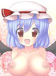  :d absurdres alternate_breast_size bad_id bad_pixiv_id bat_wings blue_hair blush breasts fang hat highres large_breasts nipples nude open_mouth puffy_nipples red_eyes remilia_scarlet short_hair smile solo touhou tsujishiro_naohitagi upper_body wings 