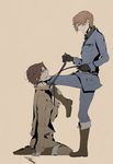  absurdres axis_powers_hetalia blood boots brothers highres inomichi_nao kneeling knife military military_uniform multiple_boys northern_italy_(hetalia) siblings sitting southern_italy_(hetalia) torture uniform whip 