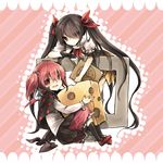  black_hair book charlotte_(madoka_magica) cheese food h.n.elly_(kirsten) hair_over_one_eye long_hair mahou_shoujo_madoka_magica multiple_girls pastazhou personification pink_hair red_eyes shawl twintails wings 
