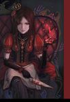 alice:_madness_returns alice_(wonderland) alice_in_wonderland bad_id bad_pixiv_id blood bloody_tears brown_hair chess_piece crown elbow_gloves gloves hwansang knife mini_crown red_eyes sitting solo 